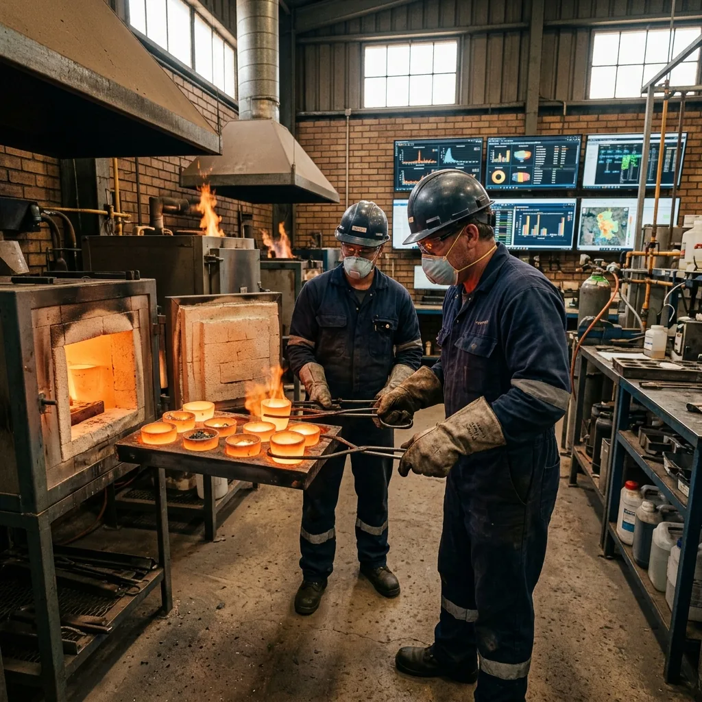 Fire assay laboratory: crucible fusion, cupellation and doré prill weighing in a gold assay workflow